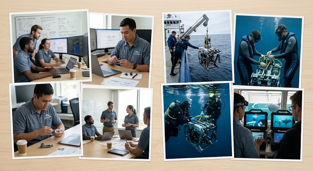 Aquatact engineering team at work: bench assembly, deck deployment, and dive operations